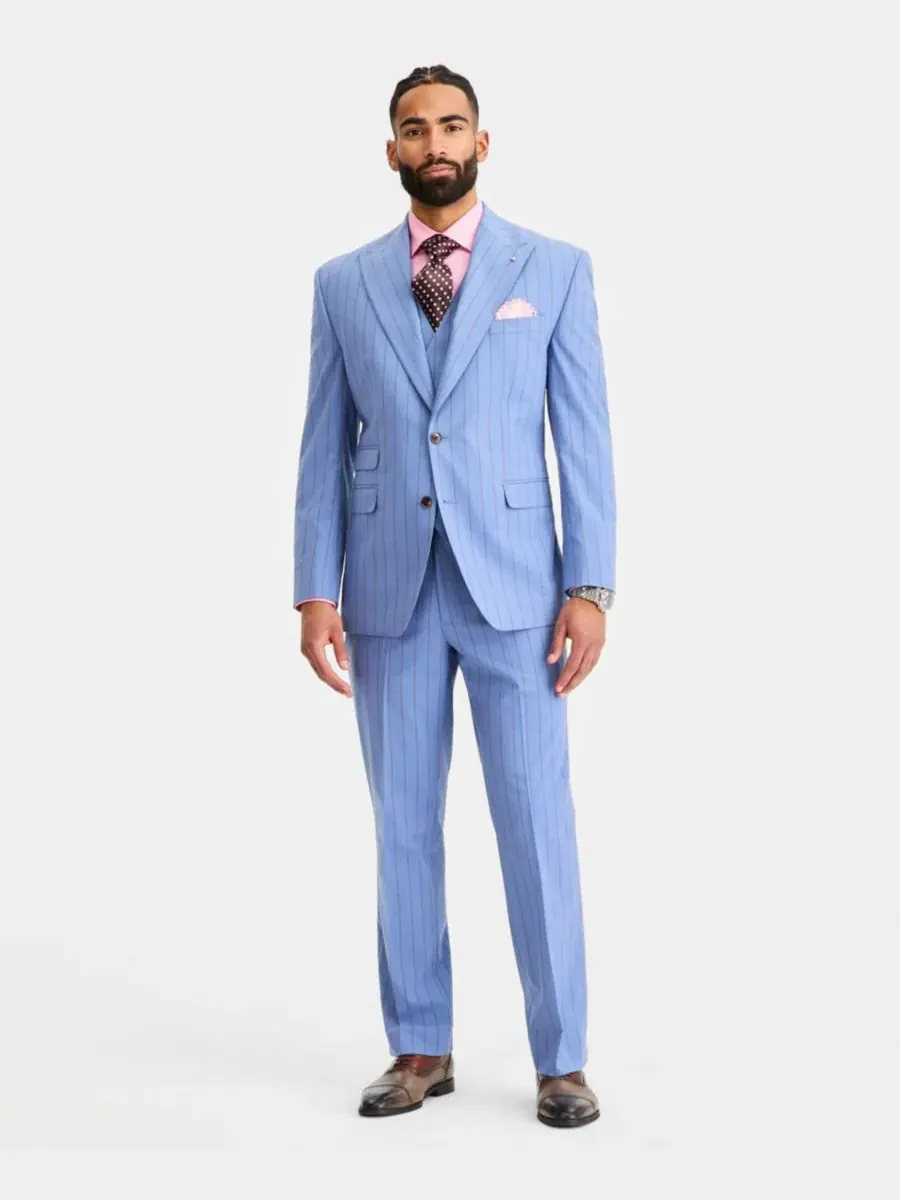 Tayion Collection Мужской классический костюм в синюю полоску, состоящий из двух частей: пиджака и — изображение 2 из 5