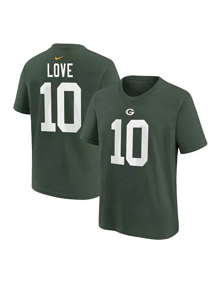 Футболка Jordan Love Green Green Bay Packers для мальчиков и девочек дошкольного возраста с именем — изображение 1 из 3