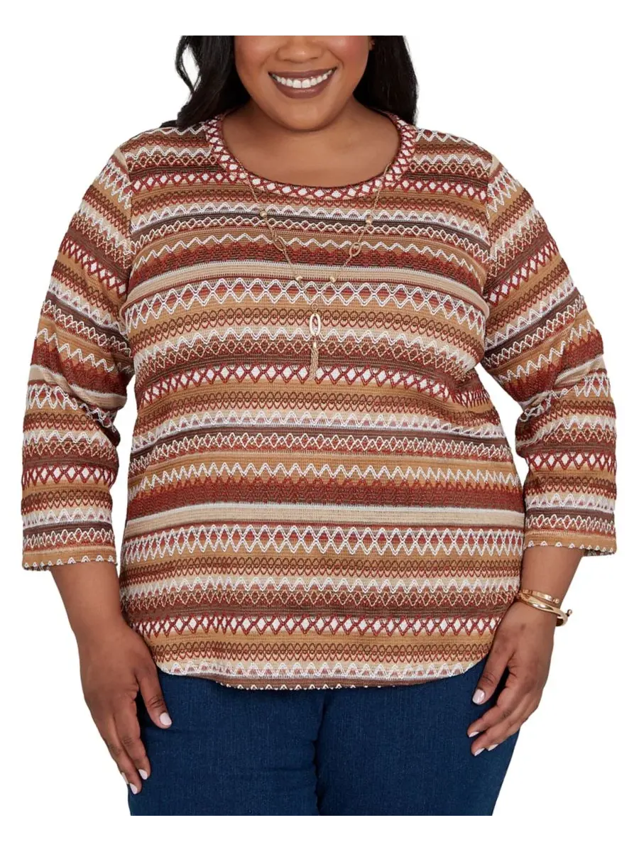 Топ с текстурными полосками и ожерельем, модель Classic Textured Stripe Knit Top with Necklace — изображение 1 из 5, бежевый