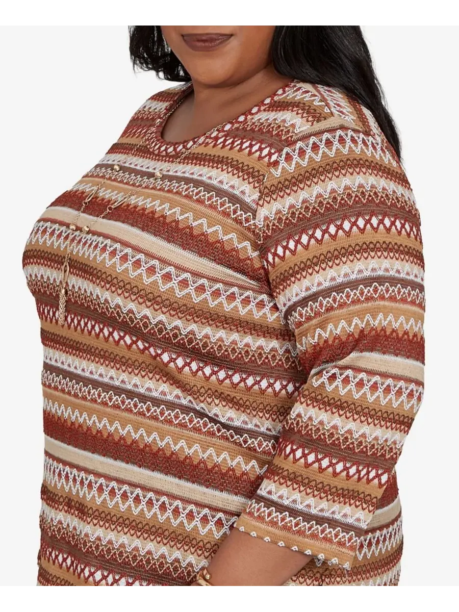 Топ с текстурными полосками и ожерельем, модель Classic Textured Stripe Knit Top with Necklace — изображение 4 из 5, бежевый