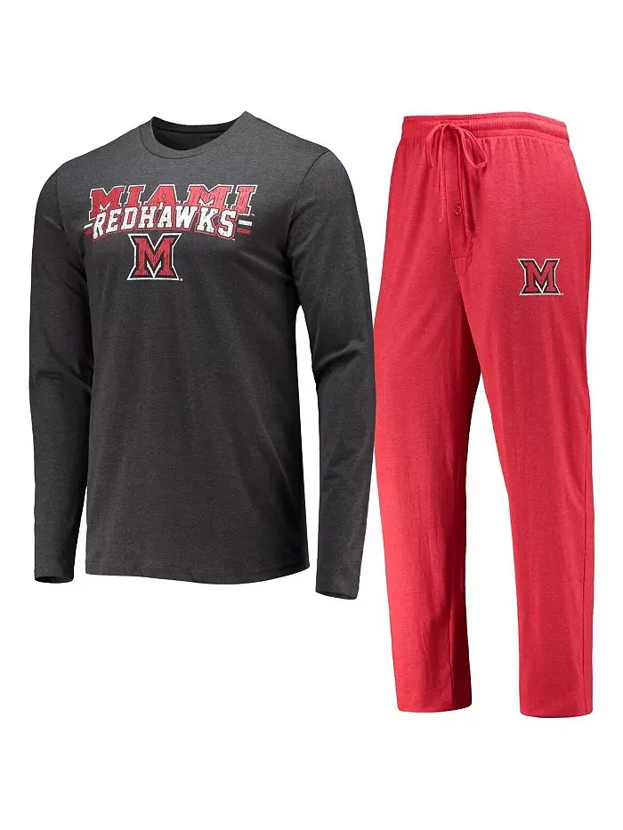 Мужской комплект для сна из футболки с длинными рукавами и брюк Miami University RedHawks — изображение 1 из 4, красный