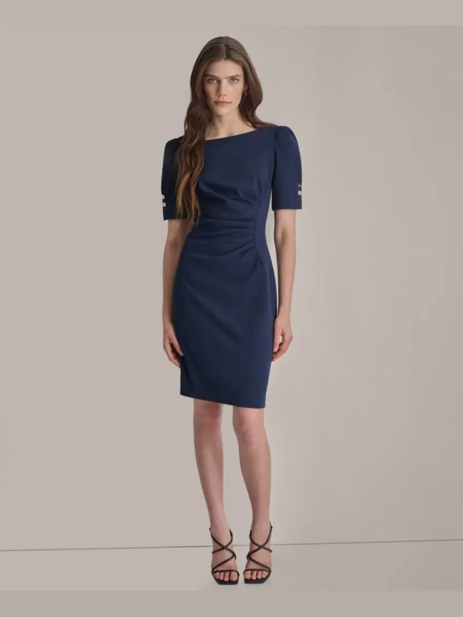 Платье-футляр с драпировкой и круглым вырезом Dkny — изображение 2 из 6, синий