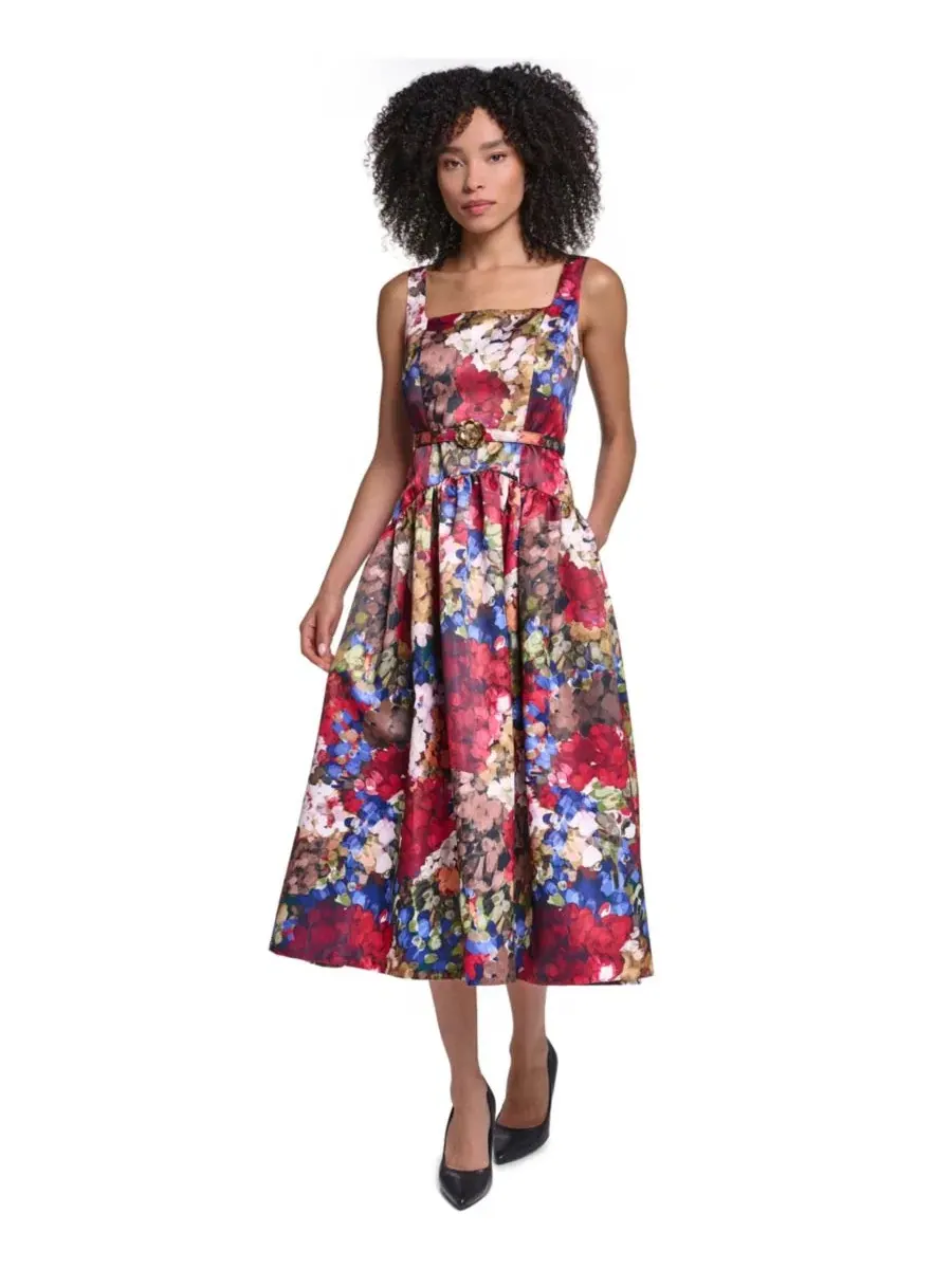 Женское платье-миди из атласа с принтом, модель Printed Satin Drop Waist Midi KARL LAGERFELD PARIS — изображение 1 из 5