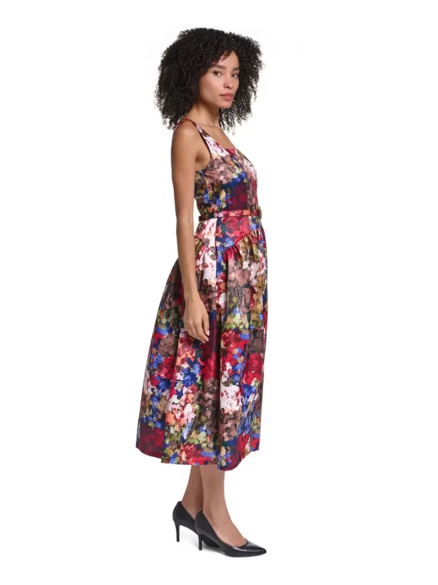 Женское платье-миди из атласа с принтом, модель Printed Satin Drop Waist Midi KARL LAGERFELD PARIS — изображение 2 из 5