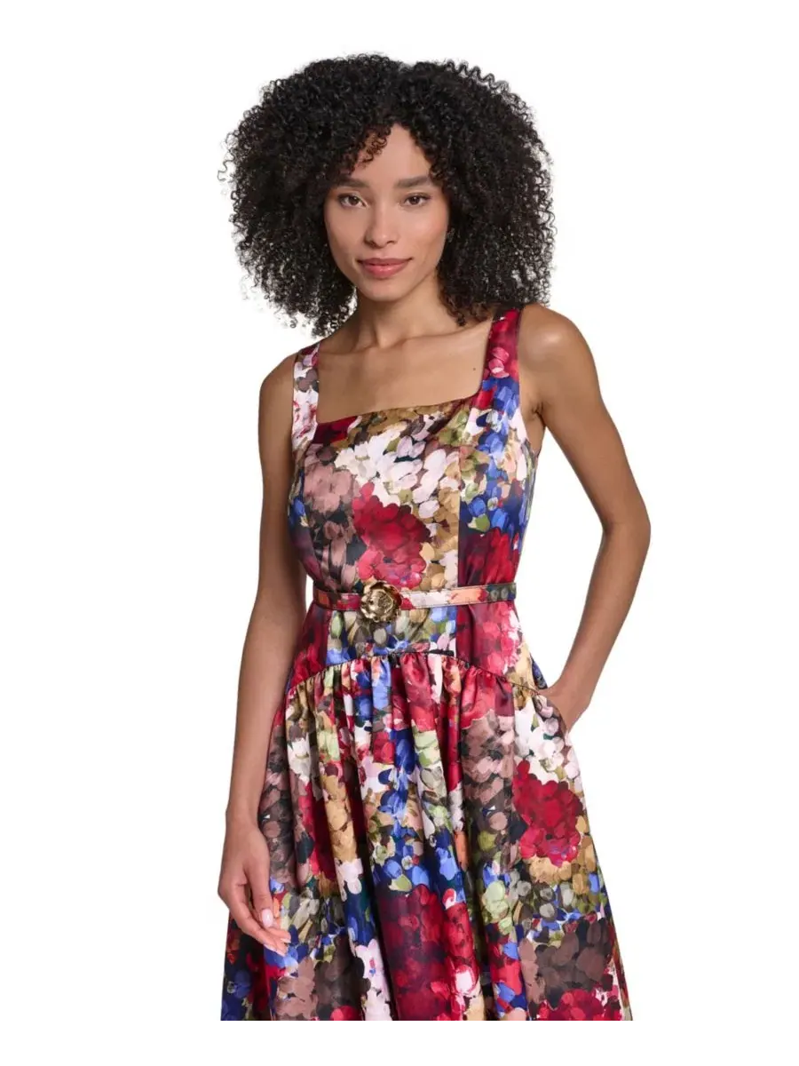 Женское платье-миди из атласа с принтом, модель Printed Satin Drop Waist Midi KARL LAGERFELD PARIS — изображение 3 из 5