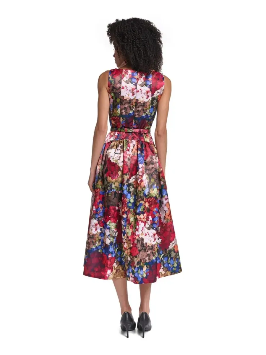 Женское платье-миди из атласа с принтом, модель Printed Satin Drop Waist Midi KARL LAGERFELD PARIS — изображение 4 из 5