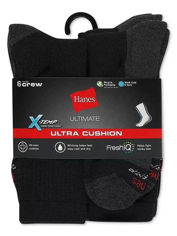 Мужские 6-Пк. Носки для экипажа Ultimate Xtemp Ultra Cushion Hanes — изображение 3 из 4, черный