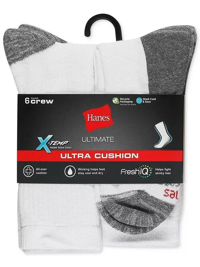 Мужские 6-Пк. Носки для экипажа Ultimate Xtemp Ultra Cushion Hanes — изображение 2 из 2, белый