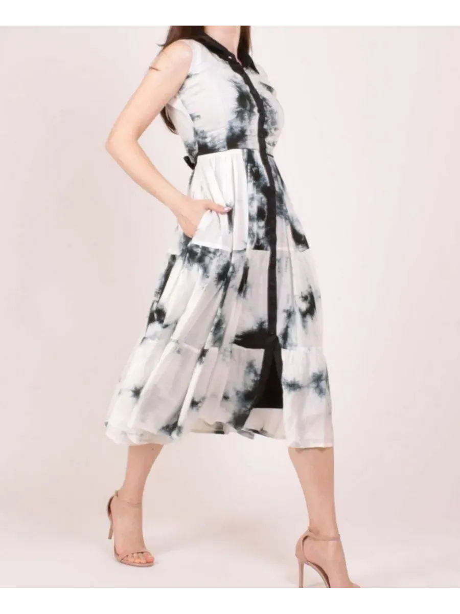Платье-рубашка миди с ручной tie-dye отделкой, с воротником и пуговицами RAAS — изображение 3 из 4, монохром