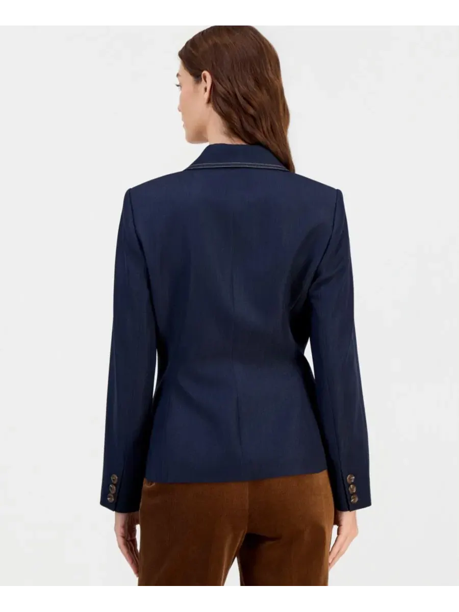 Пиджак джинсовый на одной пуговице Petite Denim Single-Button Blazer Tahari ASL — изображение 4 из 4, темный джинсовый синий