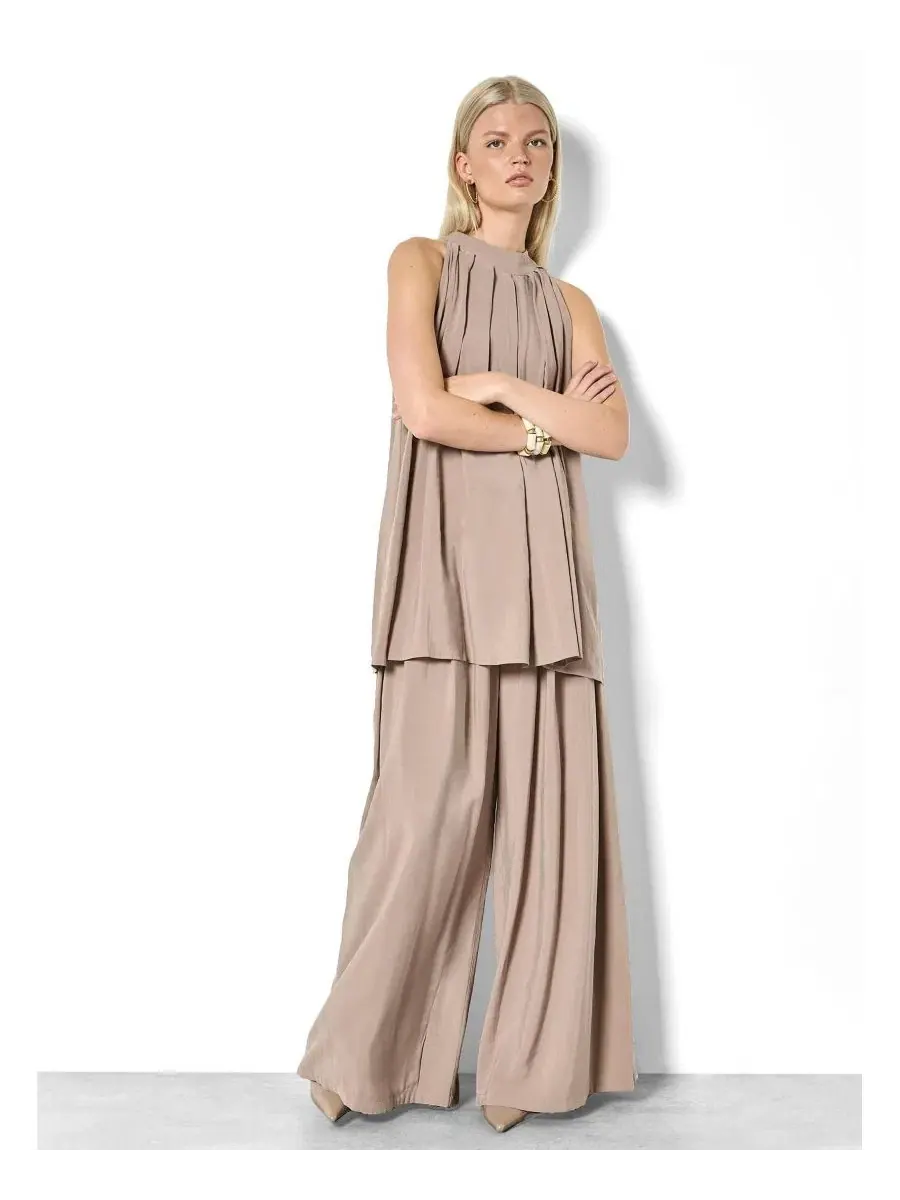 Женские брюки-палаццо со складками, модель Pleated Wide-Leg Apricot — изображение 3 из 5, серый