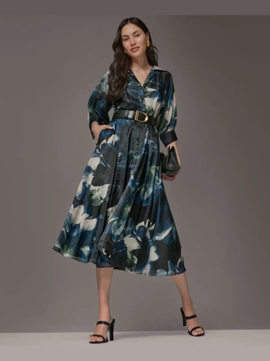 Платье-рубашка с поясом, с принтом Donna Karan New York — изображение 1 из 10, черный мульти