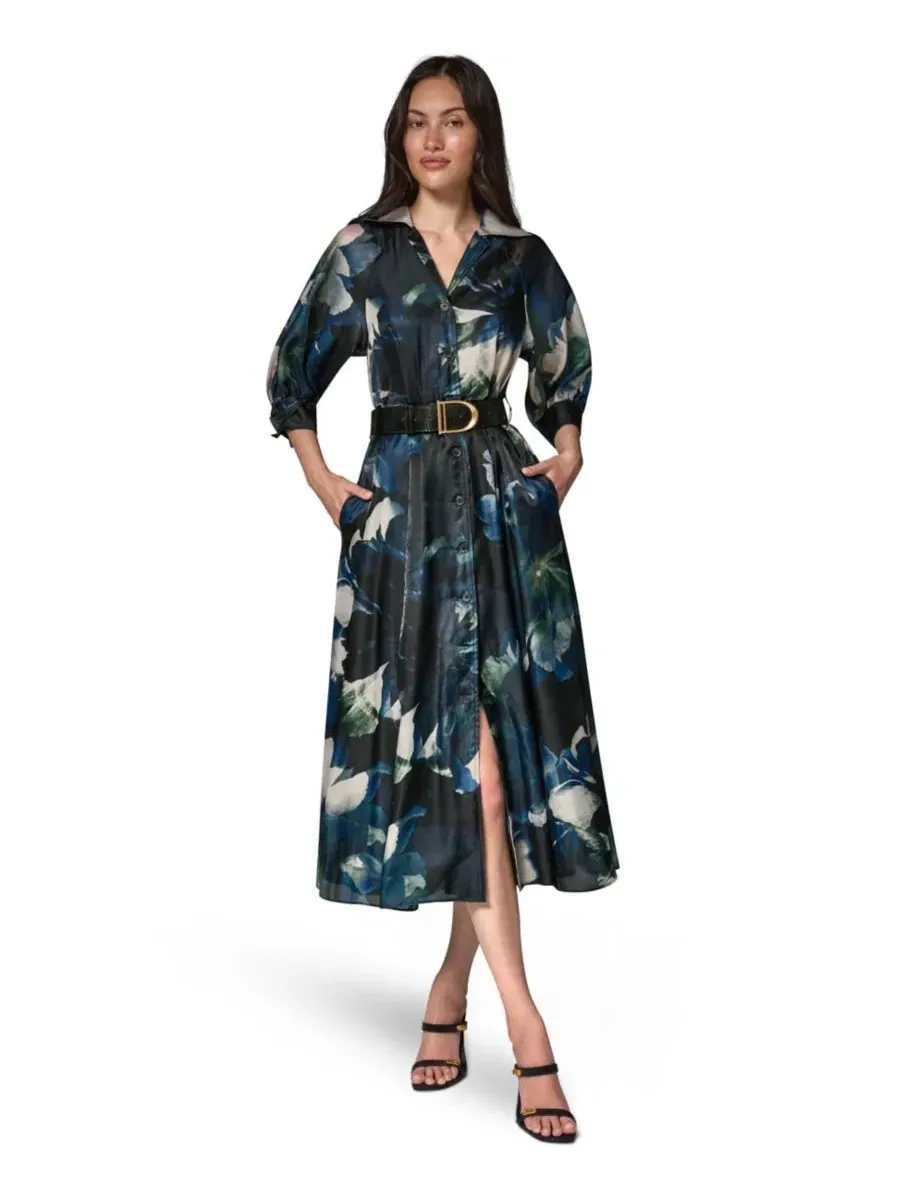 Платье-рубашка с поясом, с принтом Donna Karan New York — изображение 2 из 10, черный мульти