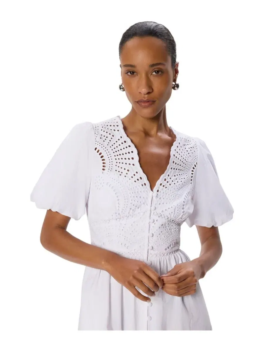 Платье миди из хлопка с вышивкой Voluminous Short-Sleeve Whistles — изображение 2 из 5, белый