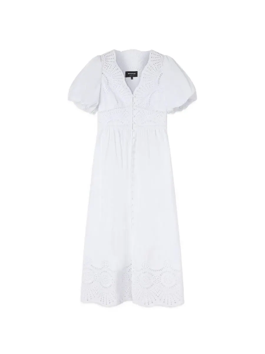 Платье миди из хлопка с вышивкой Voluminous Short-Sleeve Whistles — изображение 5 из 5, белый