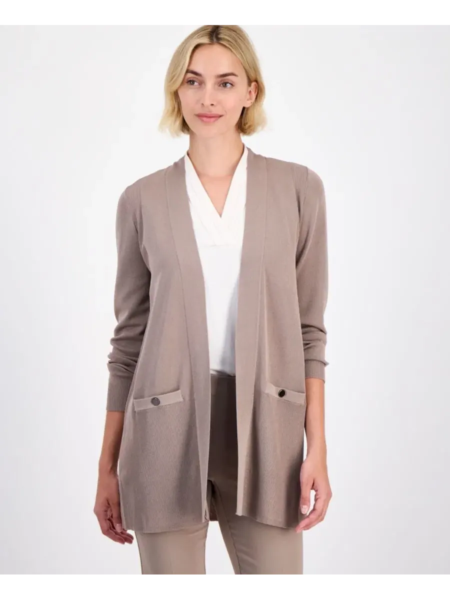 Кардиган длинный с открытым передом и карманами на пуговицах Anne Klein, Natural Clay