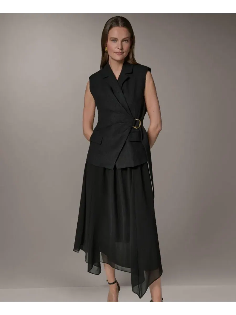 Платье-трапеция без рукавов с воротником Self-Tie Belt Donna Karan New York — изображение 1 из 6, черный