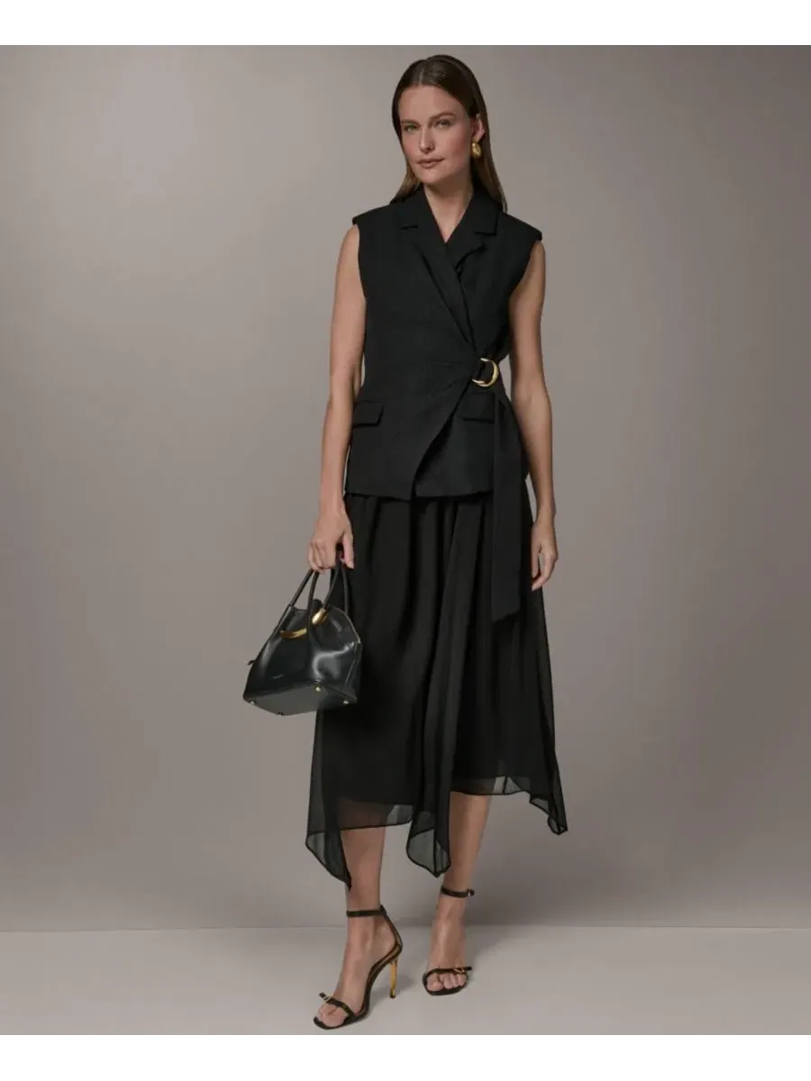 Платье-трапеция без рукавов с воротником Self-Tie Belt Donna Karan New York — изображение 2 из 6, черный