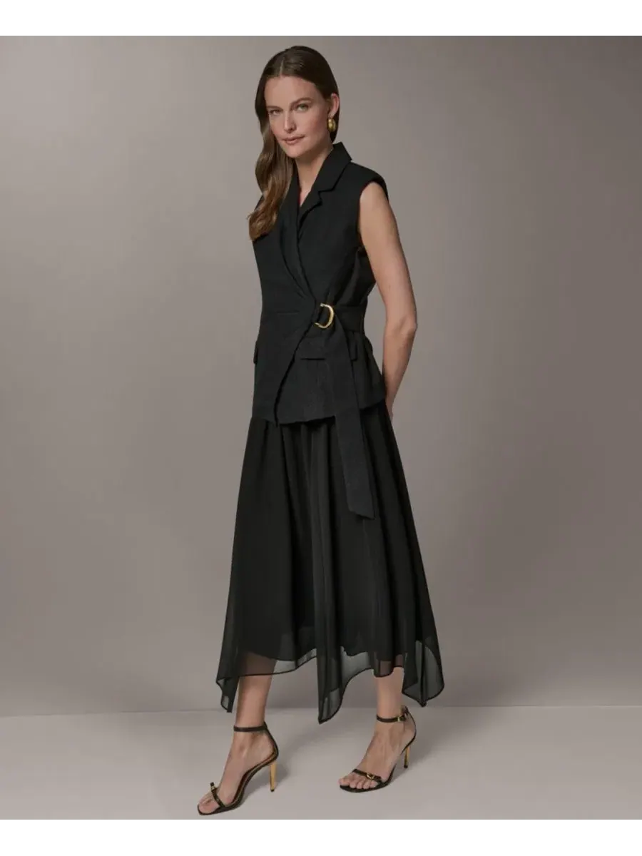 Платье-трапеция без рукавов с воротником Self-Tie Belt Donna Karan New York — изображение 3 из 6, черный