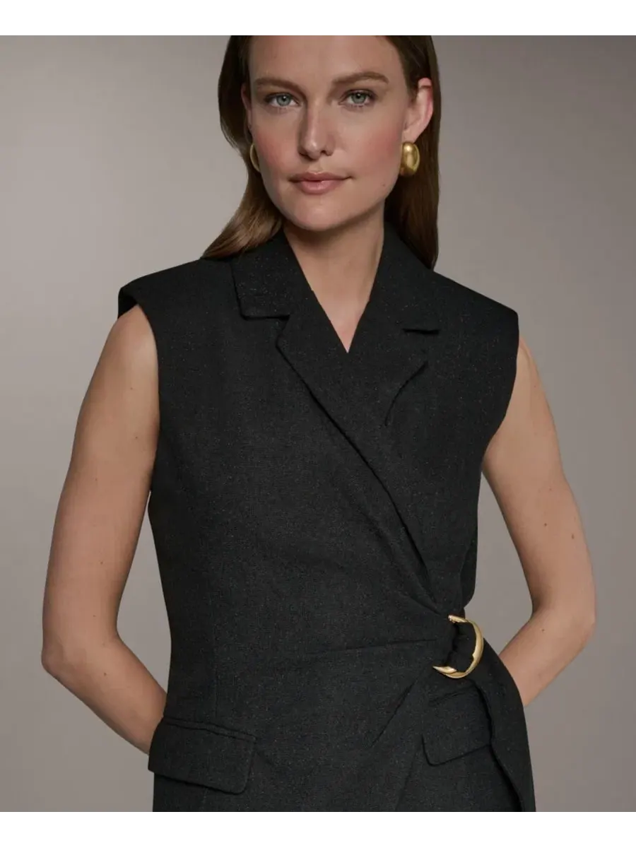 Платье-трапеция без рукавов с воротником Self-Tie Belt Donna Karan New York — изображение 4 из 6, черный