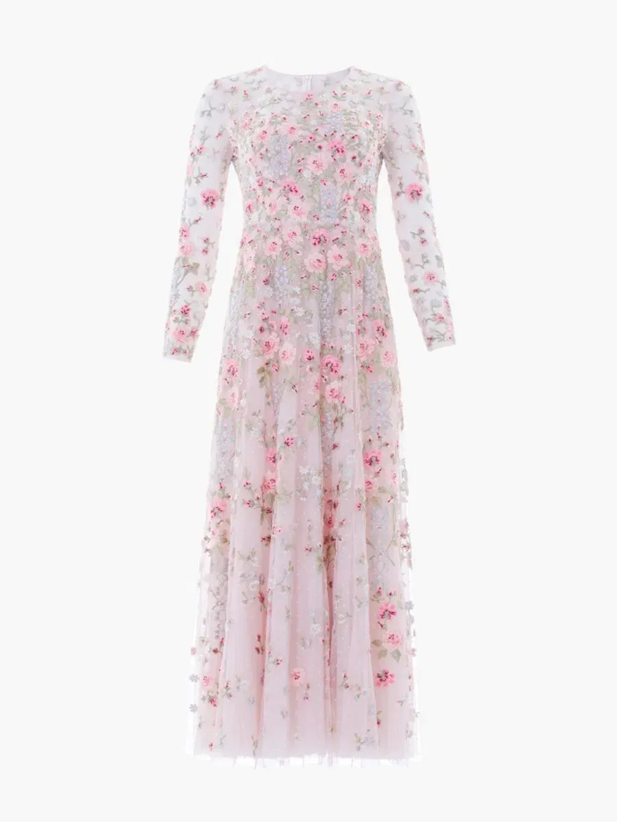 Платье макси с длинным рукавом Garden Rose Needle & Thread, Shell Bright — изображение 2 из 4, мульти
