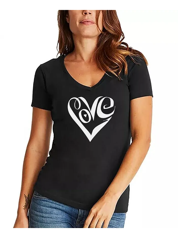 Женская футболка с V-образным вырезом и надписью Word Art Script Love Heart LA Pop Art — изображение 1 из 3, черный