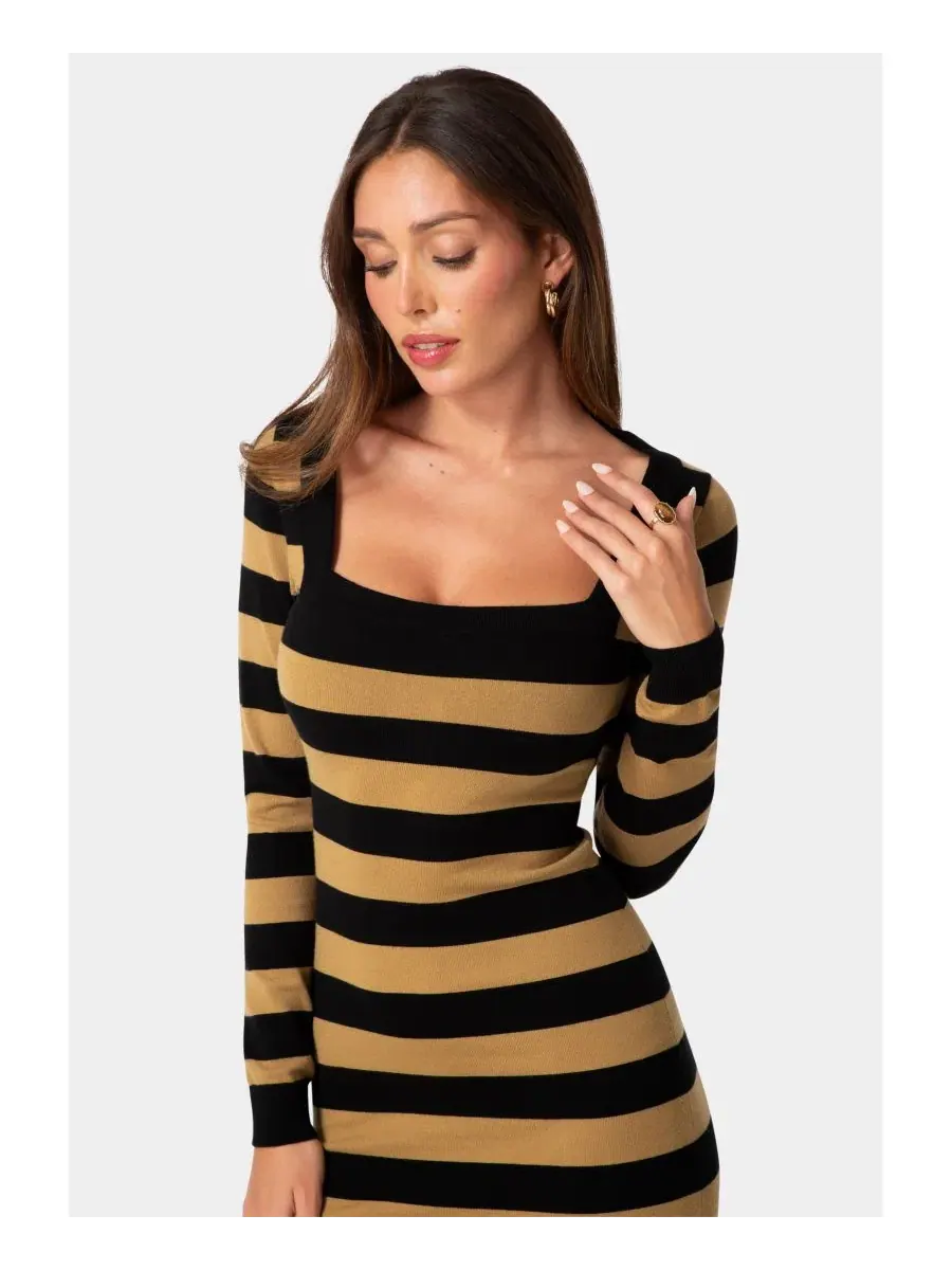 Платье-свитер в полоску с длинным рукавом и квадратным вырезом Bebe — изображение 4 из 4, черный коричневый