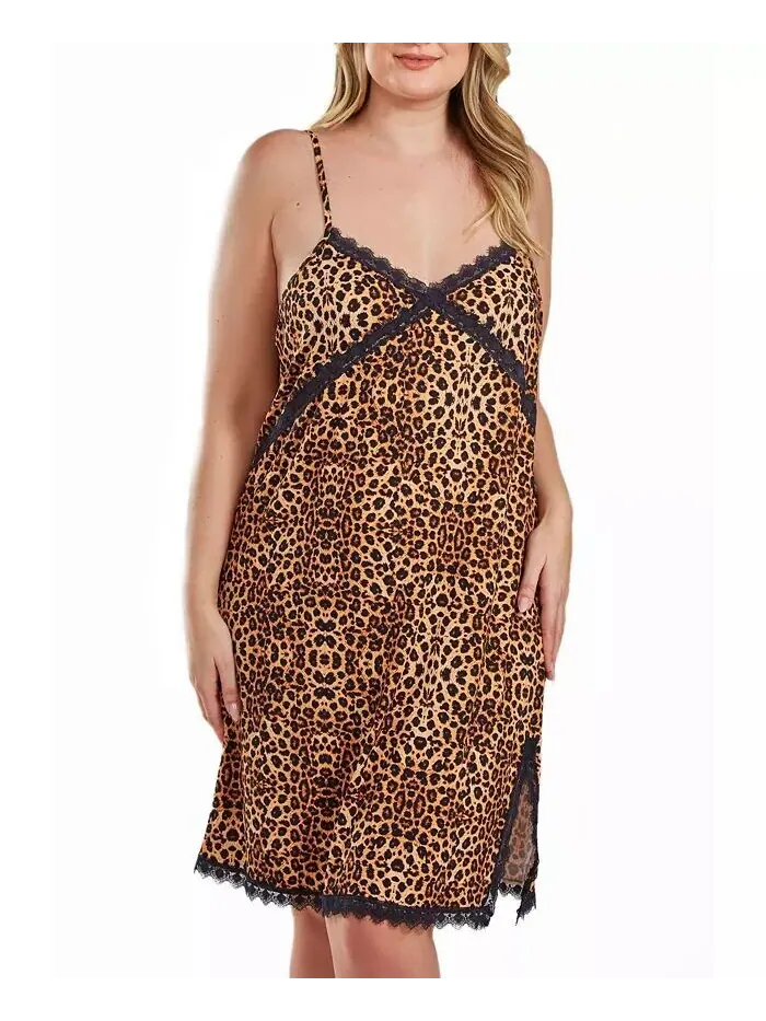 Сорочка Chiya Plus Size с леопардовым принтом, кружевной отделкой и разрезом спереди iCollection — изображение 1 из 2