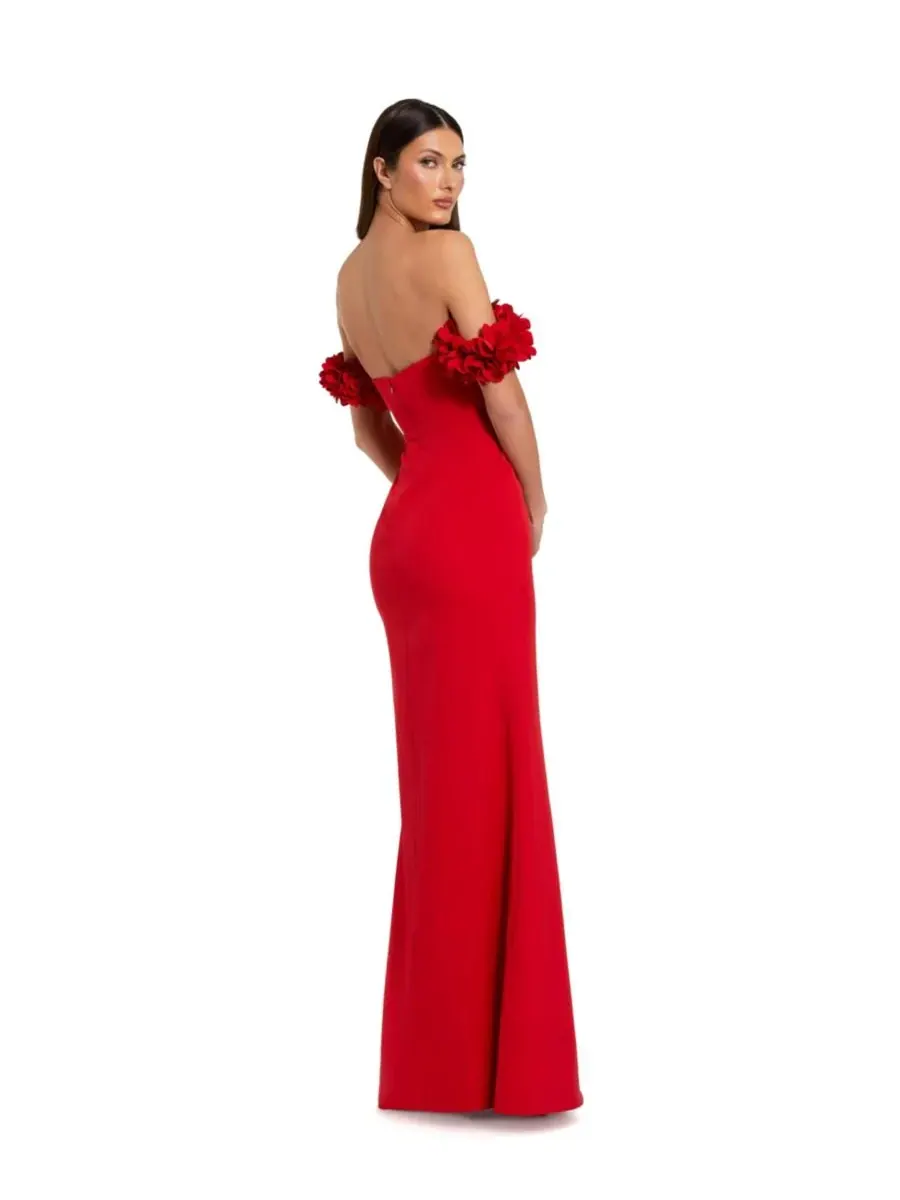 Mac Duggal Женское платье из крепа с открытыми плечами и объемными цветами — изображение 2 из 3, красный