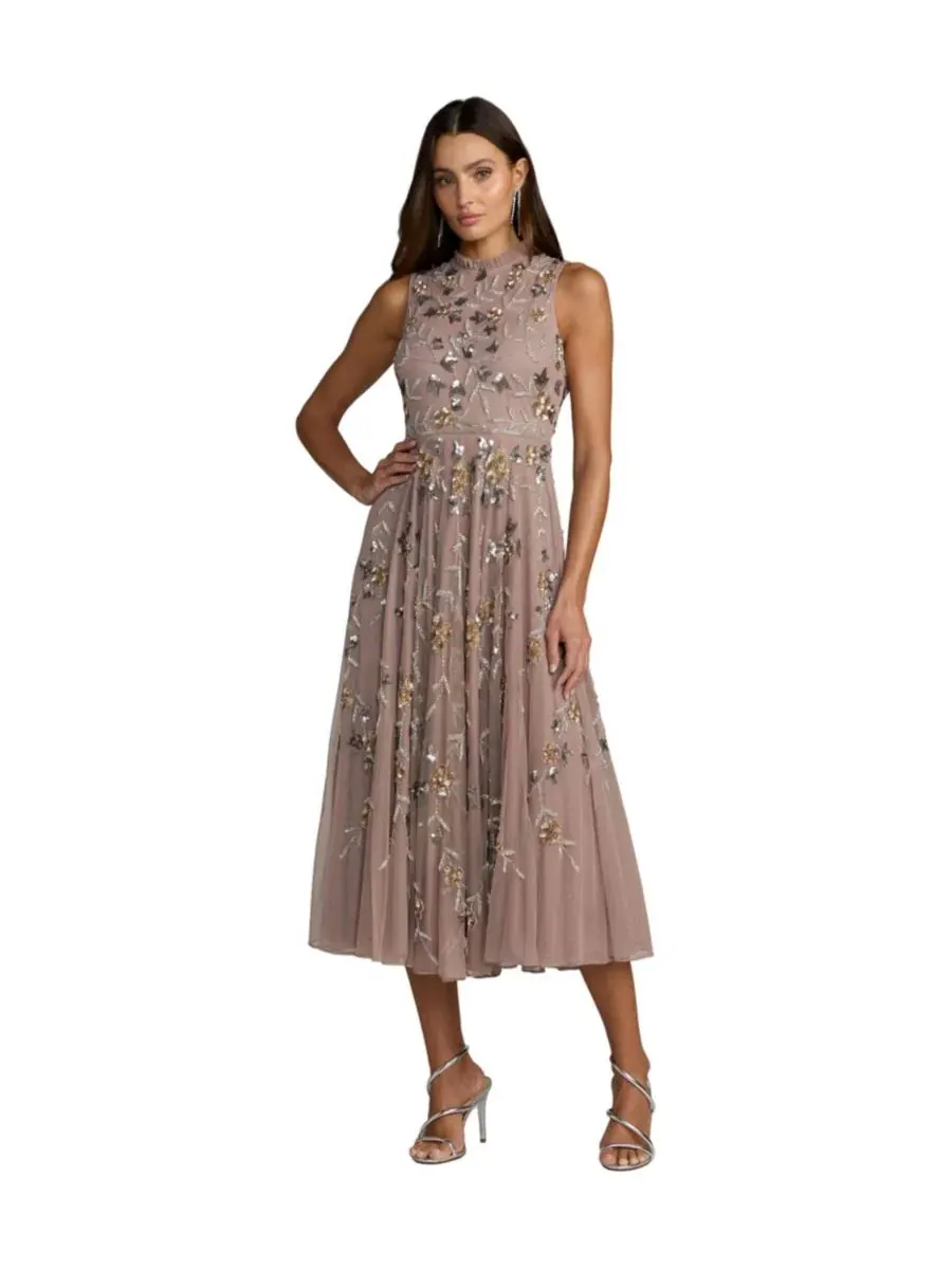 Платье миди с пайетками и рюшами, без рукавов, модель Embellished High Neck Butterfly Sleeve Gown — изображение 1 из 3, тауп