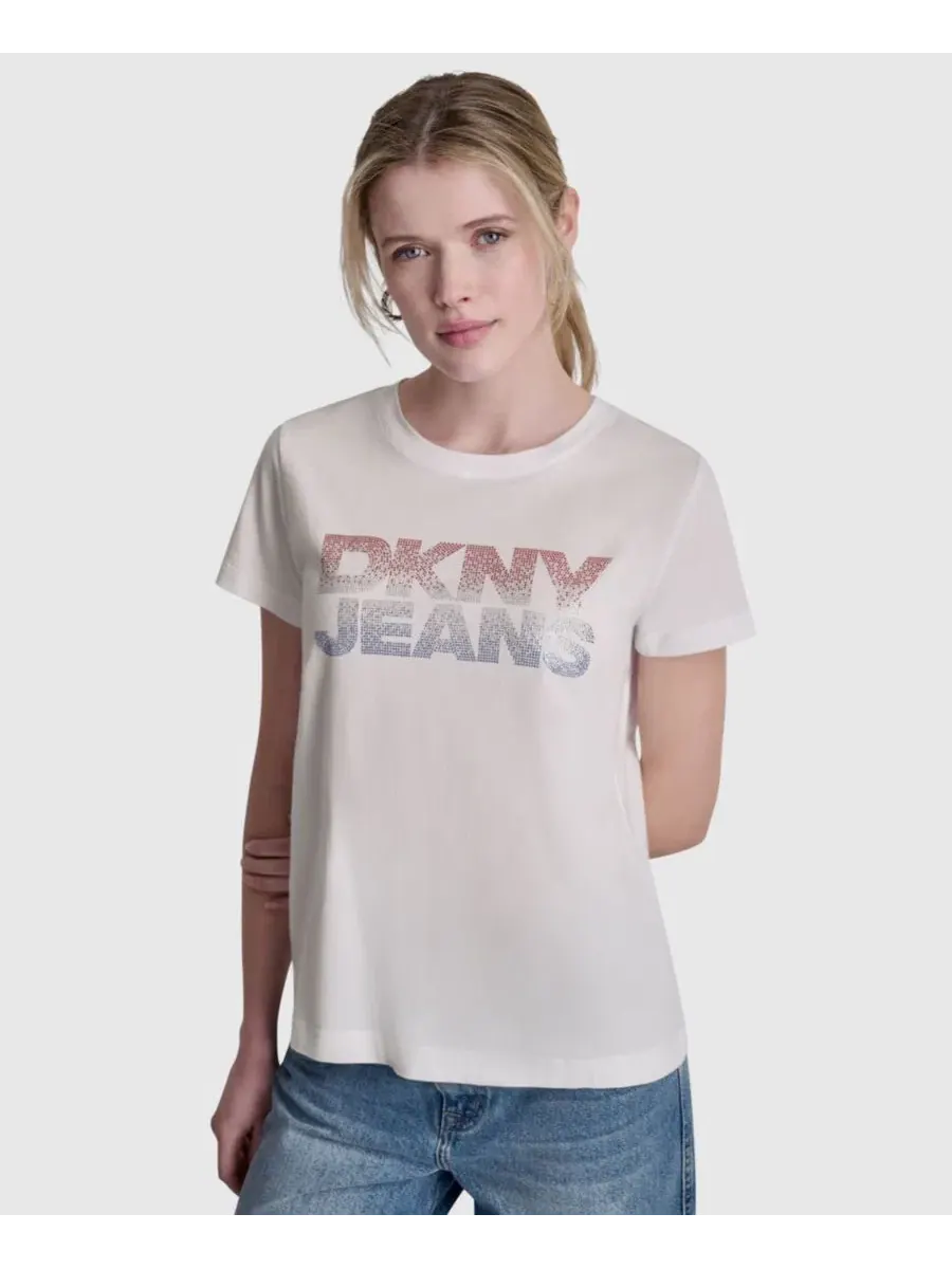 Футболка с принтом Stacked Ombre Mini Rhinestone Logo DKNY Jeans — изображение 1 из 5, белый/красный синий