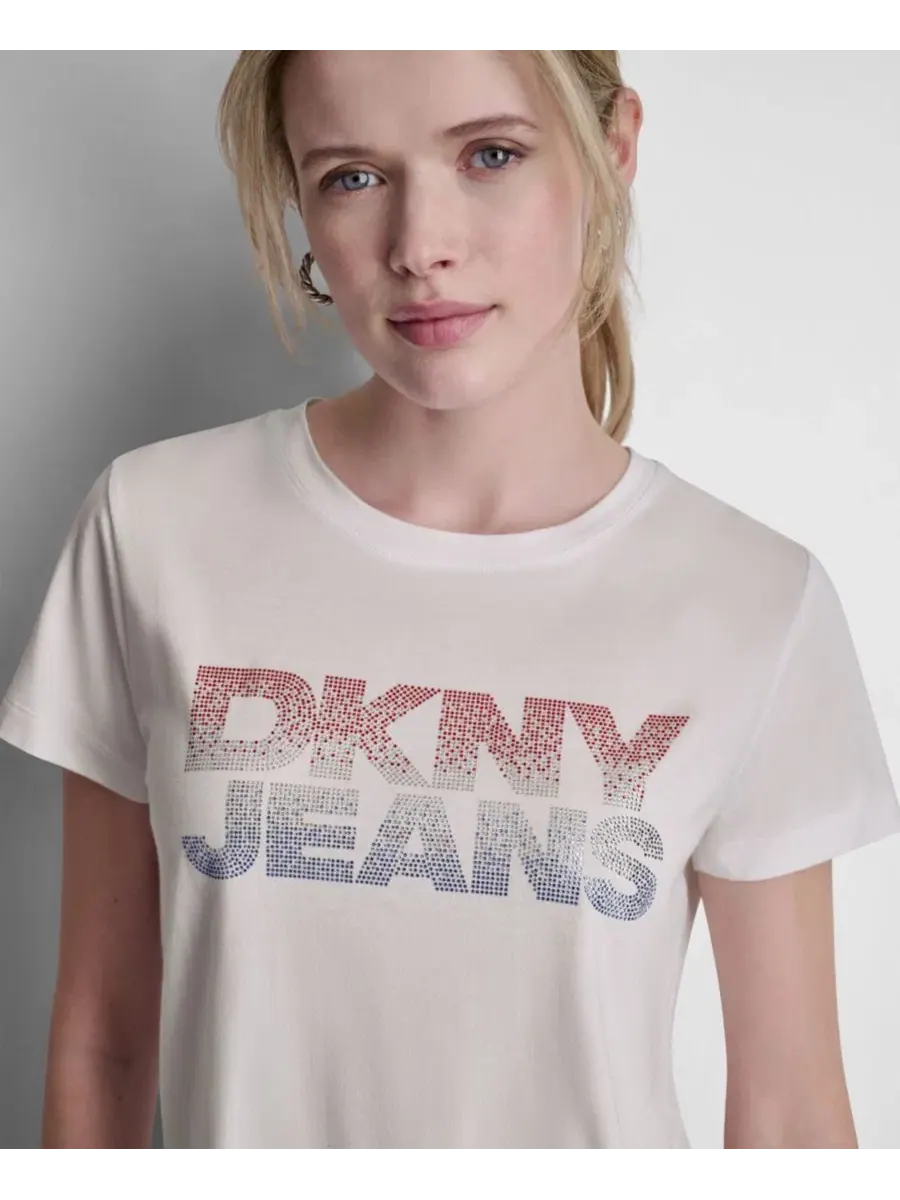 Футболка с принтом Stacked Ombre Mini Rhinestone Logo DKNY Jeans — изображение 3 из 5, белый/красный синий