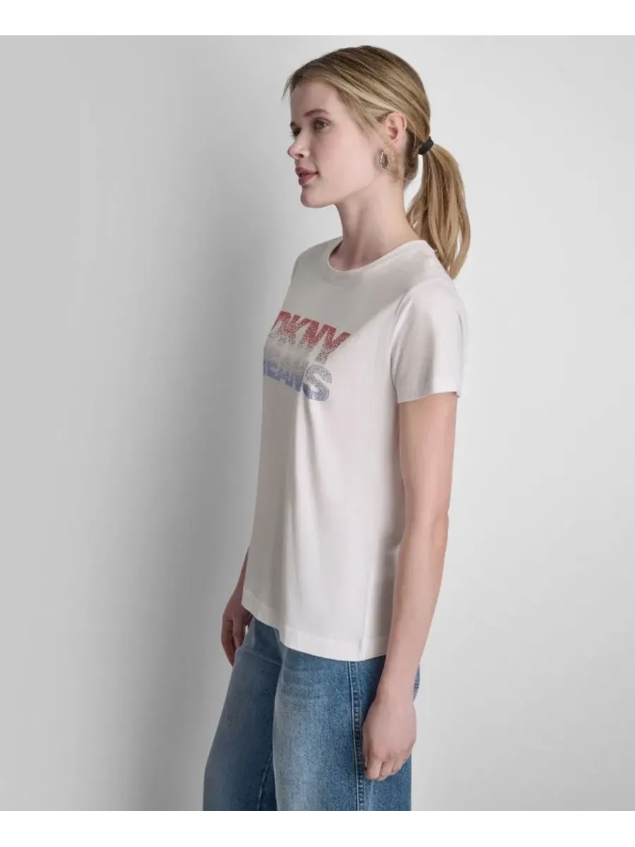 Футболка с принтом Stacked Ombre Mini Rhinestone Logo DKNY Jeans — изображение 4 из 5, белый/красный синий