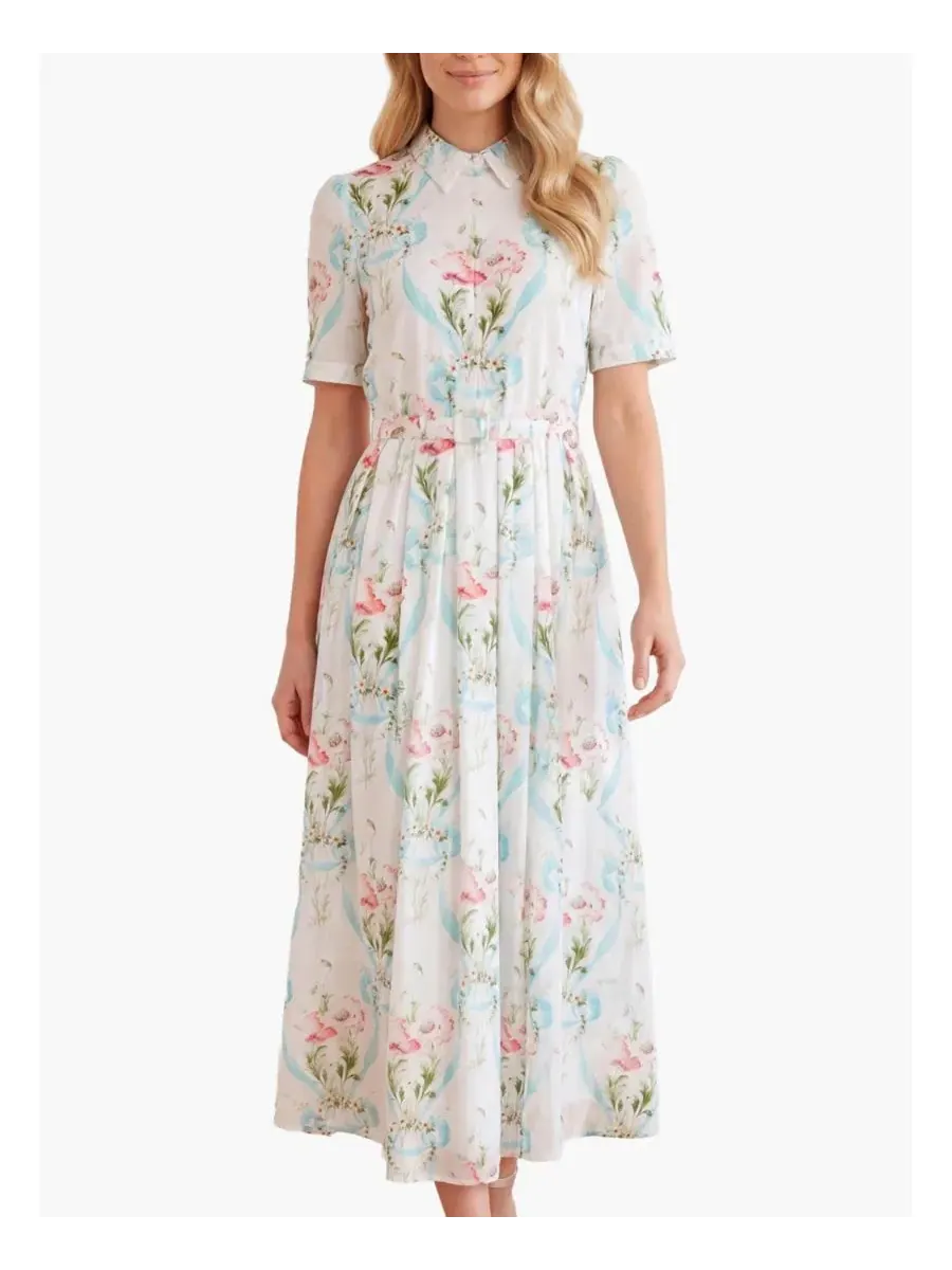 Платье с вышивкой Floral Ribbon Cotton Short Sleeve Ballerina Dress Needle & Thread — изображение 1 из 4, белый/синий
