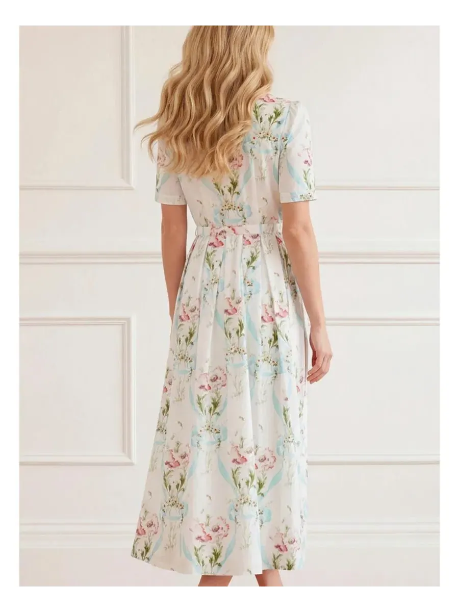 Платье с вышивкой Floral Ribbon Cotton Short Sleeve Ballerina Dress Needle & Thread — изображение 2 из 4, белый/синий