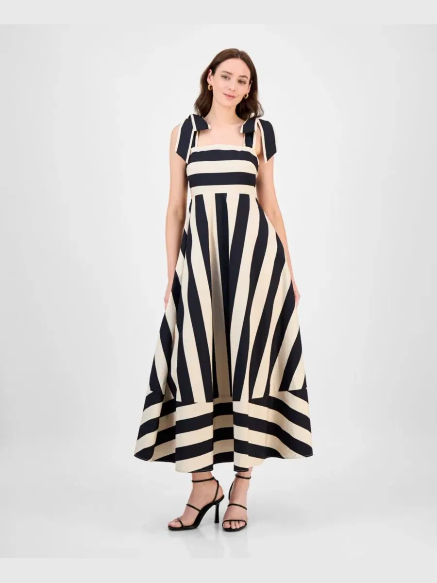 Платье-трапеция с завязками на плечах Shasha Striped Cotton RACHEL Rachel Roy — изображение 1 из 5, черный бежевый
