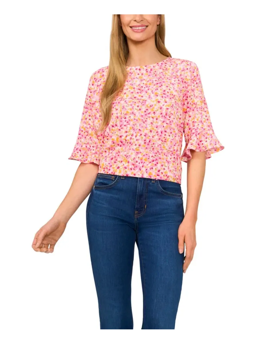 Блузка с принтом, с длинным рукавом 3/4 и манжетами с рюшами, модель Floral Crewneck CeCe — изображение 1 из 3