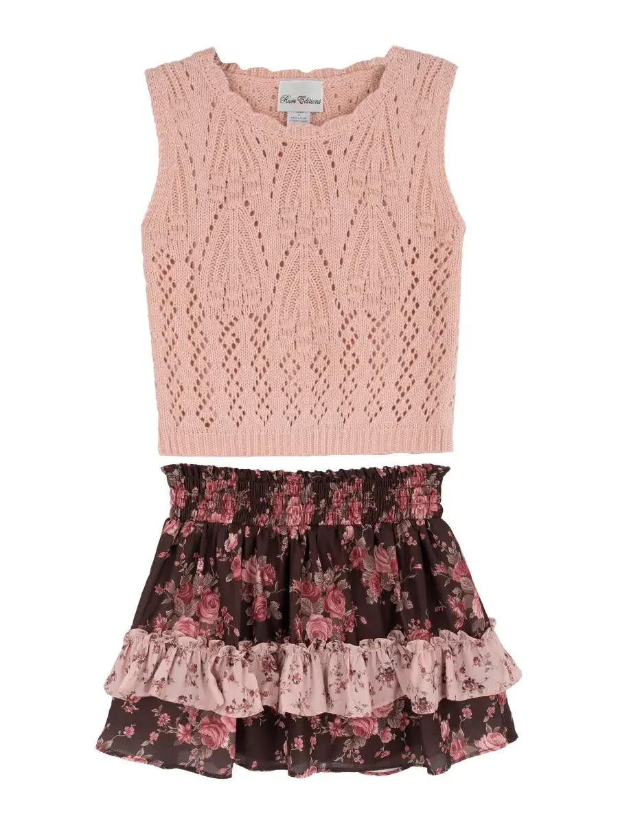 Комплект из вязаного жилета и юбки-шорт с цветочным принтом, модель Floral Crochet Sweater Vest and — изображение 1 из 4