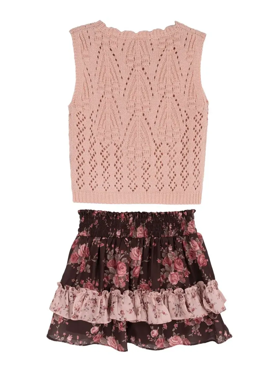 Комплект из вязаного жилета и юбки-шорт с цветочным принтом, модель Floral Crochet Sweater Vest and — изображение 2 из 4