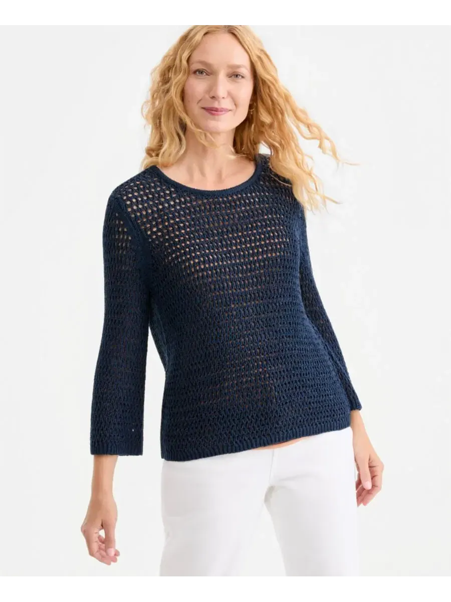 Свитер с открытой вязкой и рукавом 3/4 Style & Co — изображение 1 из 3, синий
