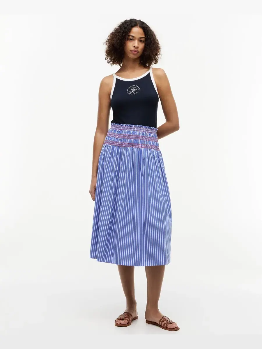 Юбка-миди хлопковая с принтом в полоску Smocking Stripe Tommy Hilfiger, Smocking Stripe — изображение 1 из 4