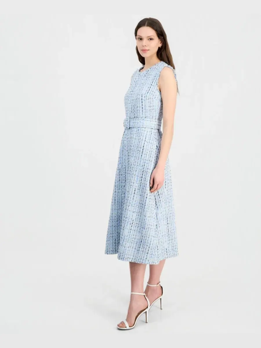 Женское твидовое платье миди без рукавов с поясом Anne Klein — изображение 4 из 5, синий мульти