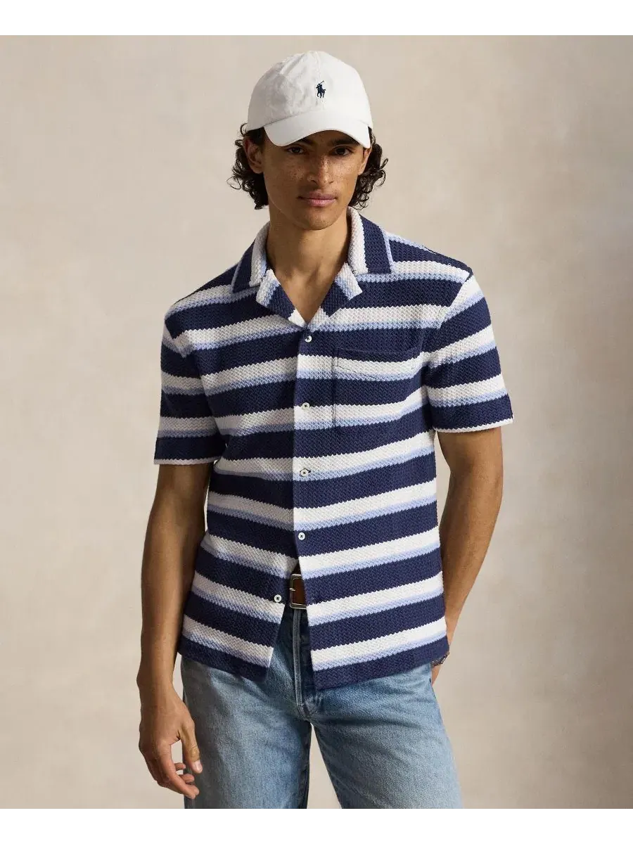 Мужская рубашка-кэмп с принтом из хлопка, модель Striped Herringbone Polo Ralph Lauren