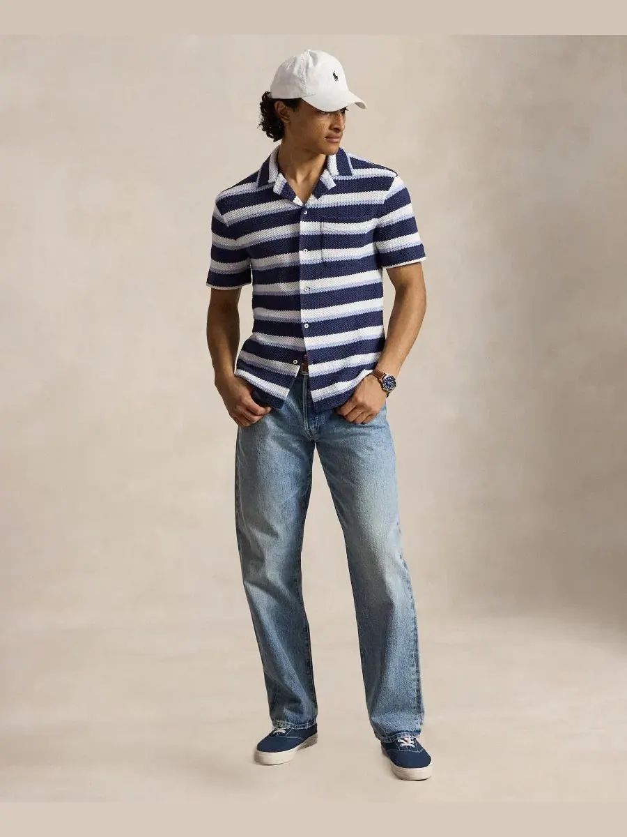 Мужская рубашка-кэмп с принтом из хлопка, модель Striped Herringbone Polo Ralph Lauren — изображение 2 из 5