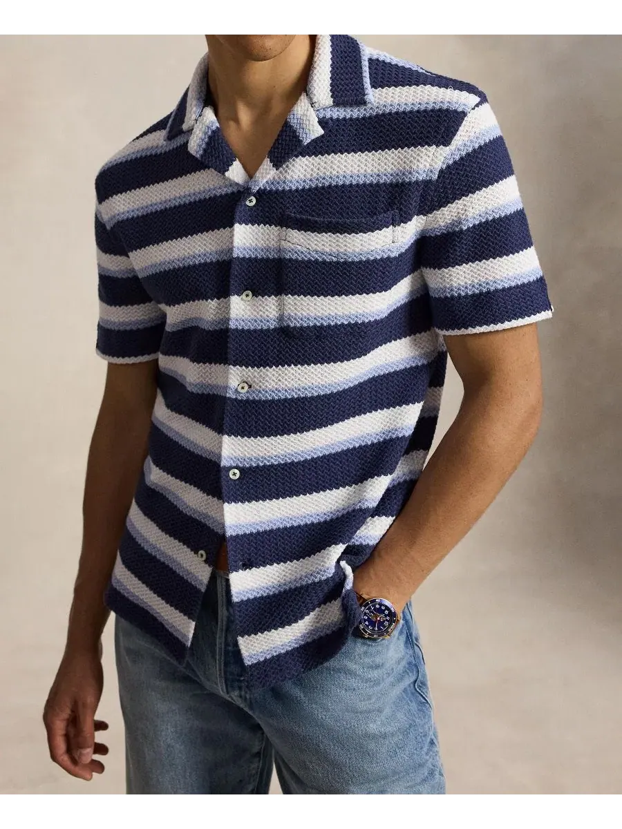 Мужская рубашка-кэмп с принтом из хлопка, модель Striped Herringbone Polo Ralph Lauren — изображение 3 из 5