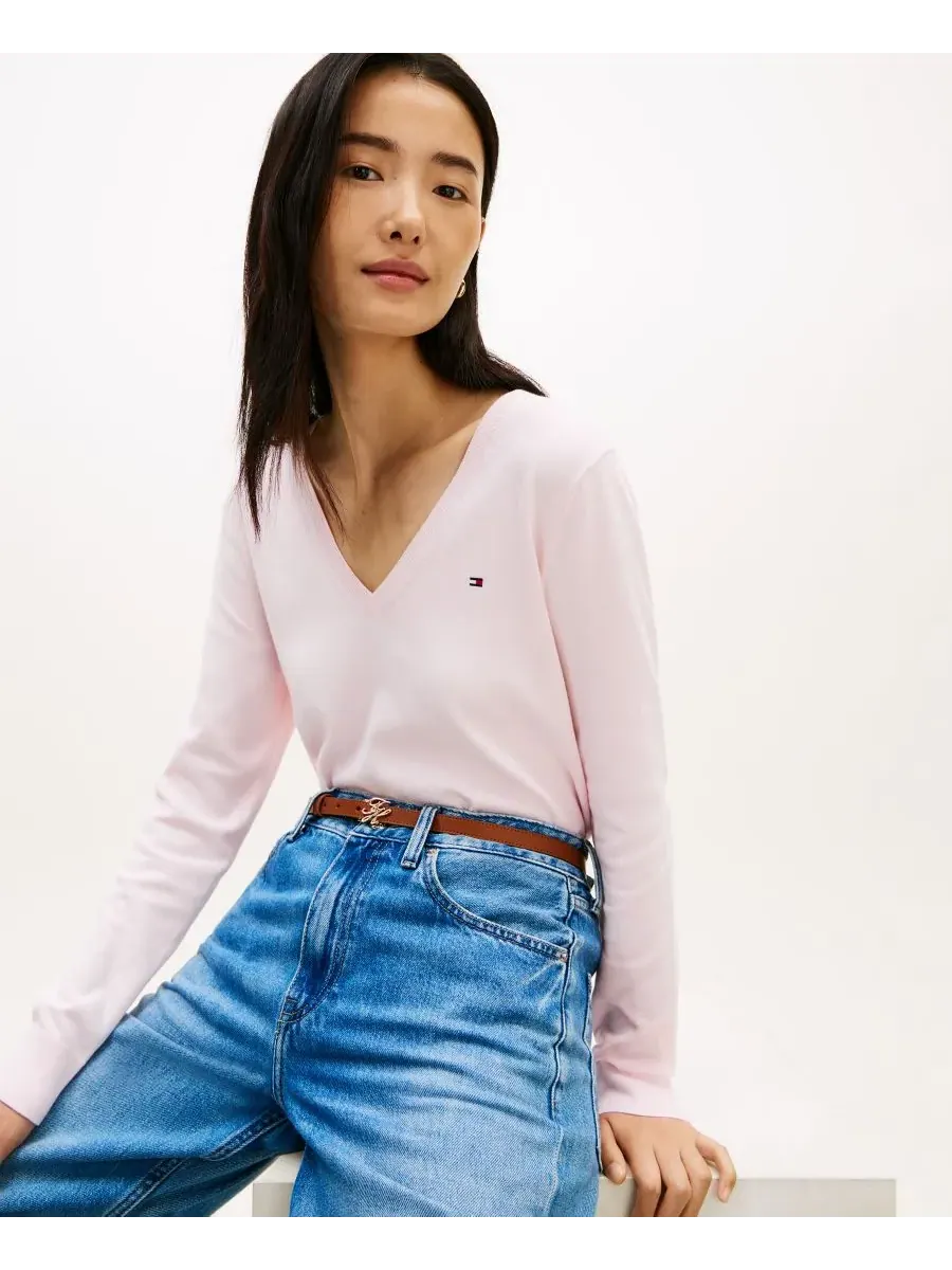 Женский вязаный свитер с V-образным вырезом Tommy Hilfiger — изображение 3 из 4, розовый