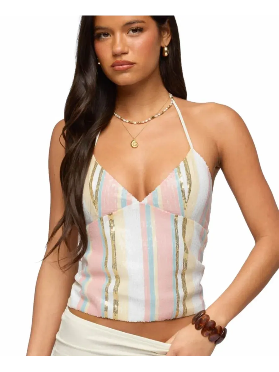 Топ-халтер с пайетками и полосками Raquel Sequin Striped Halter Top Edikted — изображение 1 из 5, белый