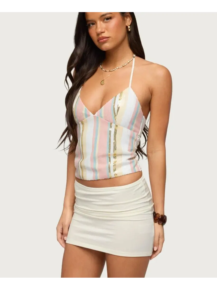 Топ-халтер с пайетками и полосками Raquel Sequin Striped Halter Top Edikted — изображение 4 из 5, белый