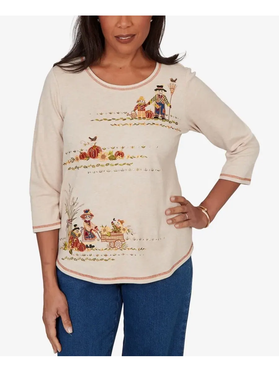 Топ с вышивкой Petite Scarecrow Family Embroidered Alfred Dunner — изображение 1 из 5, овсяный