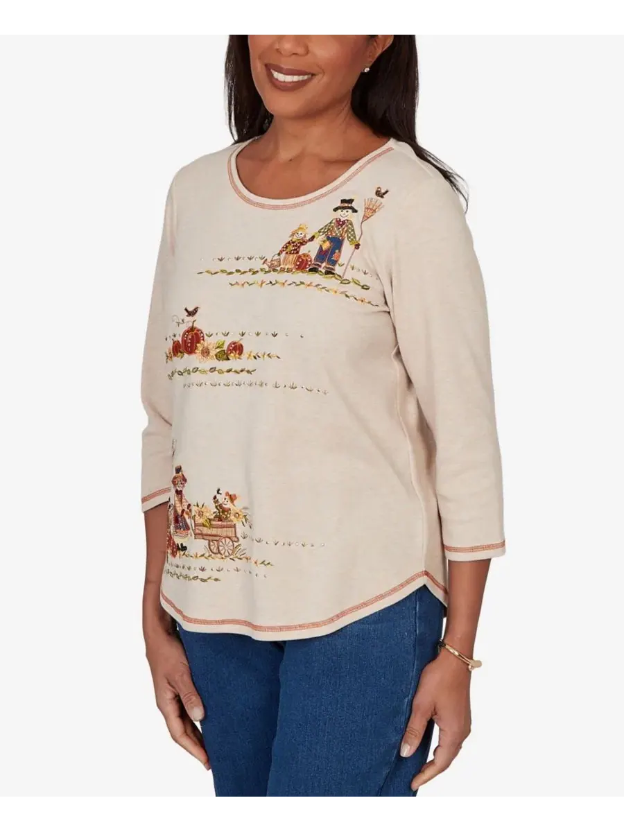 Топ с вышивкой Petite Scarecrow Family Embroidered Alfred Dunner — изображение 2 из 5, овсяный